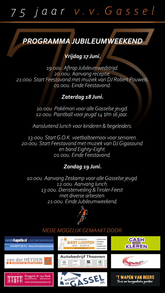 VV_Gassel's tweet photo. Komende vrijdagavond start het jubileumweekend ter ere van het 75-jarig bestaan van VV Gassel dus nog drie nachtjes slapen! https://t.co/5bKJFruI2x