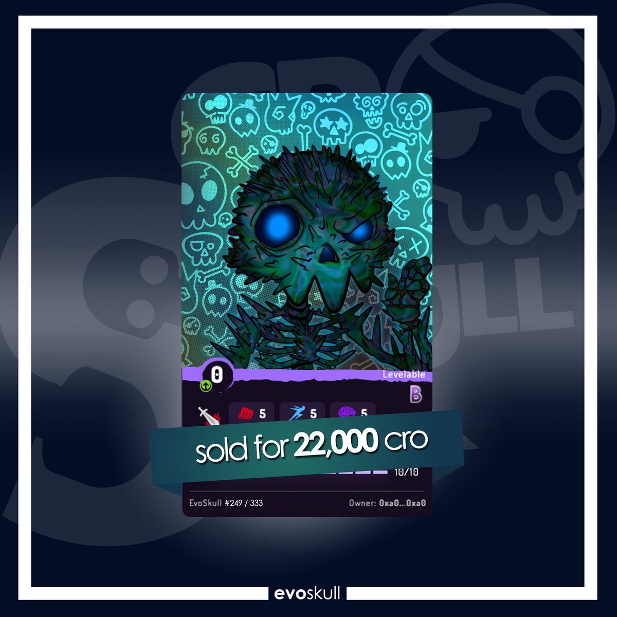 CroskullNFT's tweet photo. EVO SALE OF THE DAY! π₯
Evo #249 sold for 22000 #cro! π
#EvoSkull #cronosNFT #crofam #cronos #skullvolution https://t.co/gbLcVHVsgi