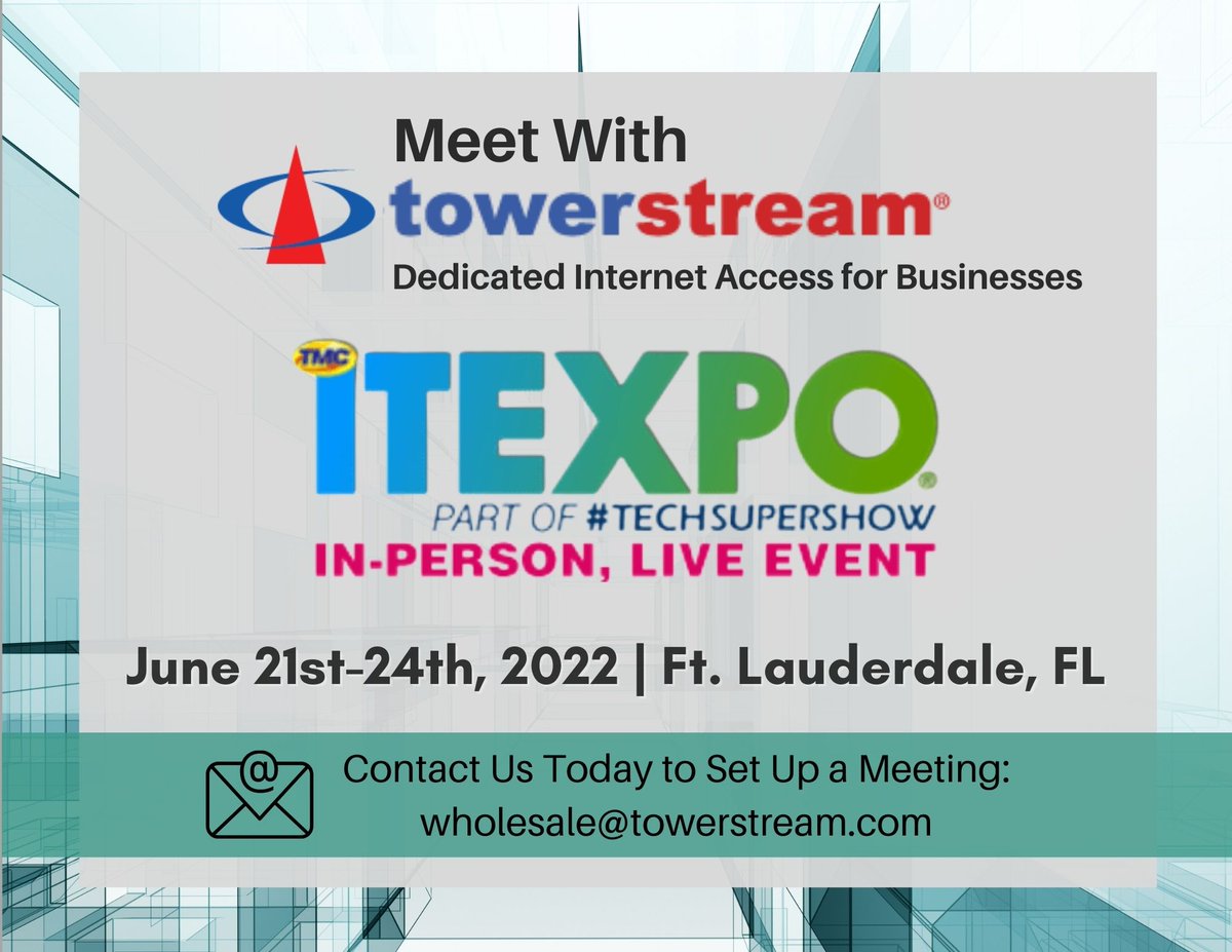 Towerstream's tweet photo. We're ONE WEEK OUT from #ITExpo2022! Our Partner Managers are excited to see everyone in beautiful Fort Lauderdale. There's still openings in their schedule left, so reach out today at WHOLESALE@TOWERSTREAM.COM to set up a meeting! See you soon!
#ITExpo #TechSuperShow https://t.co/6VXp42h5Fe
