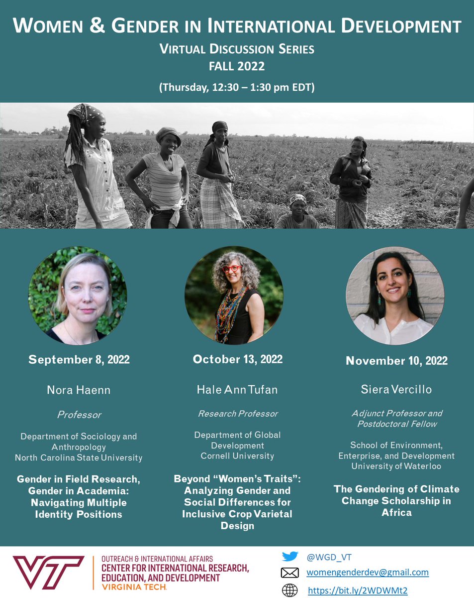WGD_VT's tweet image. We are thrilled to announce the wonderful speakers lined up for our Fall 2022 WGD Virtual Discussion Series! 

Check out our webpage for details:
bit.ly/3n189Gy 

Email us to get added to our listserv for updates.

#GenderAndDev
#GenderAndAg
#GenderAndClimateChange