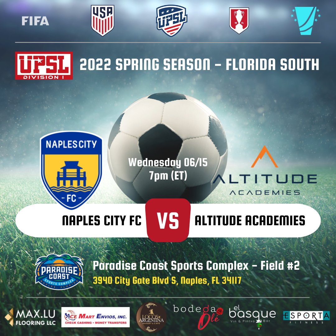naplescityfc's tweet photo. UPSL Division 1
2022 SPRING SEASON - FLORIDA SOUTH
Wednesday 06/15 - Kick-Off: 7pm (ET)
@ALTDacademies vs Naples City FC
@UPSLsoccer @UPSL_Florida
π΅βͺπ‘ #naplescityfc #naplesflorida β½ #soccer #upslflorida #upslsoccer #ussoccer https://t.co/Z1x88bG3gE