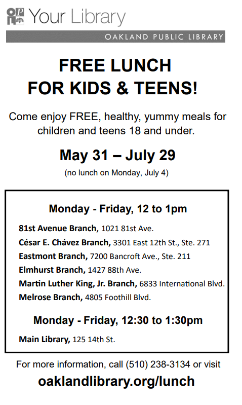 RFFOakland's tweet photo. Hey Oakland! @oaklibrary offers FREE lunch for youth ages 0-18 at 7 library locations this summer! Stop by Monday-Friday at any of the listed locations between 12-1 for #LunchattheLibrary Learn more: https://t.co/ExAjIiBGpq https://t.co/BczX8p071Q