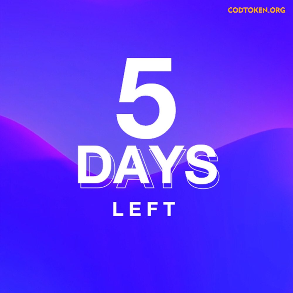 CODTOKENS's tweet photo. You have only 5 DAYS to claim your free $COD Tokens on COD Airdrop bot ‼️⚡️

This is the last giveaway, so tell your friends to join $COD Family before it ends! ⏰

✅ Claim Now on:
https://t.co/20cjIbmuR3

〰️ Check our website:
https://t.co/JtPJAasxAQ

#Airdrop #Giveaway https://t.co/o5f3ckzkhC