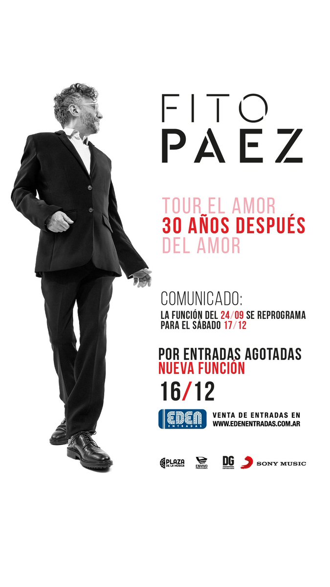 PlazaDeLaMusica's tweet image. ⚠️⚠️INFORMACIÓN IMPORTANTE SOBRE EL SHOW DE @FitoPaezMusica ⚠️⚠️

❌Por cuestiones de logística y por la gran venta de entradas, el show de Fito Paez se reprograma de fecha ➡️LA FUNCIÓN DEL SÁBADO 24/09 EN PLAZA DE LA MÚSICA SE TRASLADA AL SÁBADO 17/12💥
