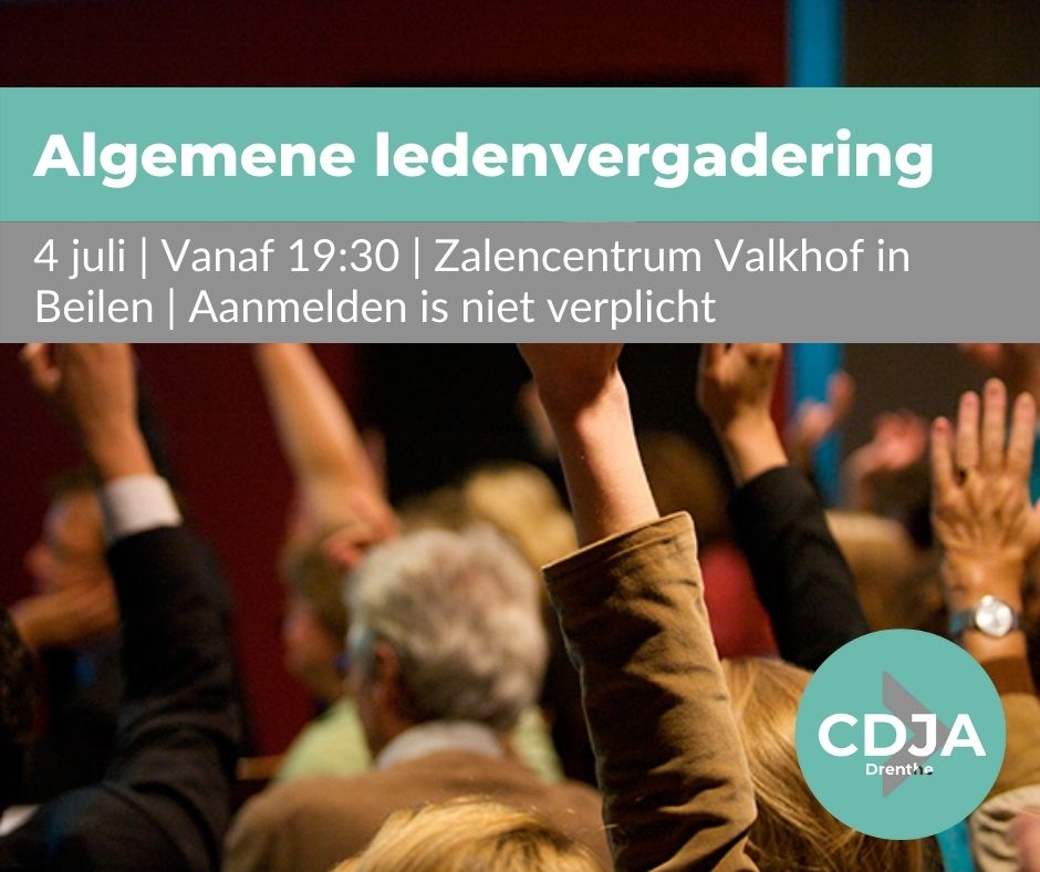 Op maandag 4 juli houdt CDJA Drenthe zijn Algemene Ledenvergadering. De Algemene Ledenvergadering wordt gehouden in Zalencentrum Valkhof, Witte Valkenstraat 2 in Beilen en er is inloop vanaf 19:30. Aanmelden via drenthe@cdja.nl is niet verplicht, maar wordt gewaardeerd!
