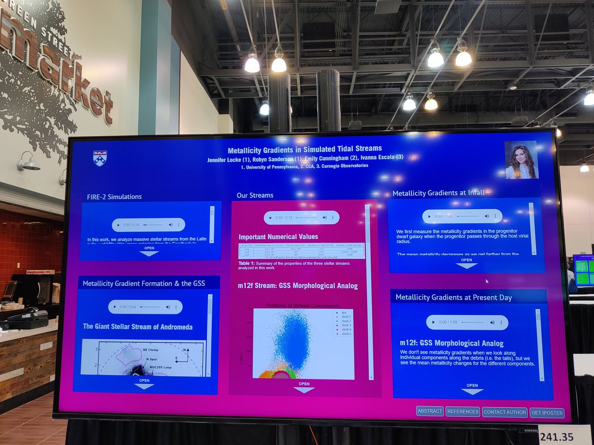 Jennifer Locke from University of Pennsylvania has a poster on Metallicity Gradients in Simulated Tidal Streams. They find more variation in Metallicity between different shells of streams than within each shell themselves. #LoebmanLab
#AAS240
