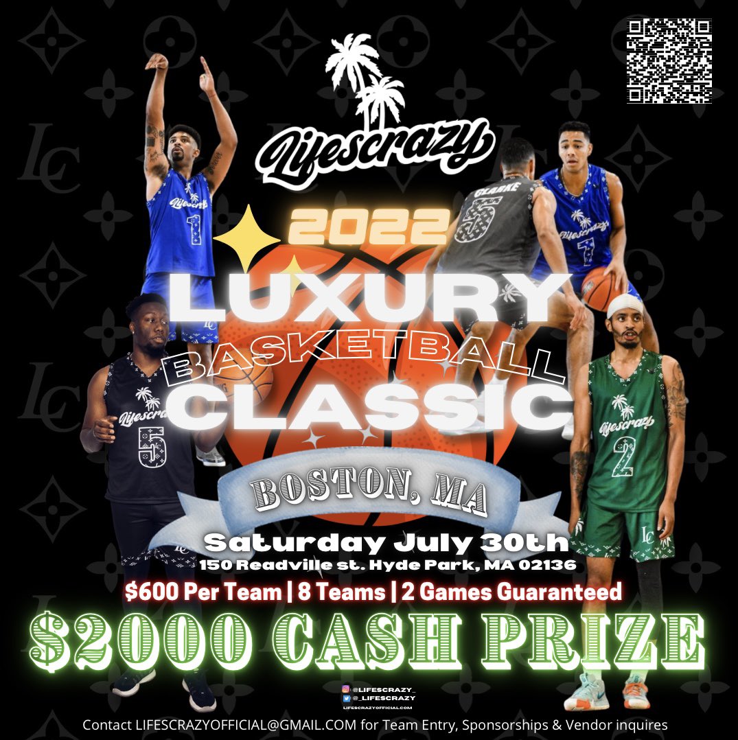 _LIFESCRAZY's tweet photo. #LIFESCRAZY LUXURY BASKETBALL CLASSIC 💫🏀🌴

📆: SAT JULY 30th
⏰: 10am-8pm
📍: BOSTON, MA
💸 $2,000 CASH PRIZE

Food | Drinks | Music | Vendors &amp; More

🚨Team Entry &amp; Vendor/Sponsorship inquires please contact Us, @basquiatbryce or @NeedMoreNike

SUMMER IS BACK 🔥

#LIFESCRAZY https://t.co/t64FDiqNeF