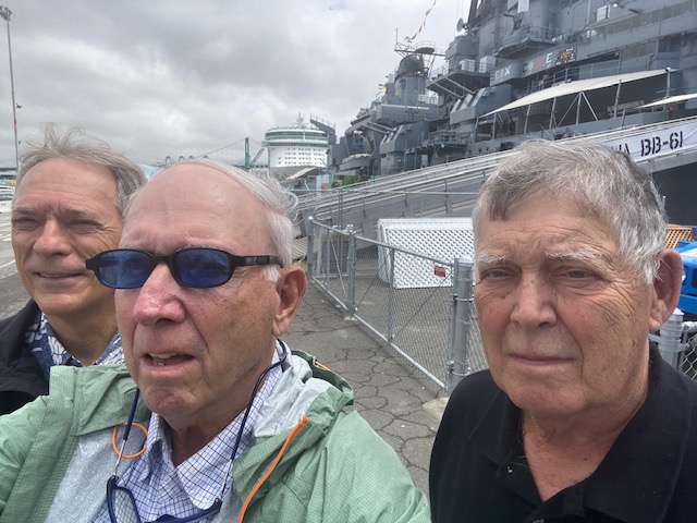 D6leadership's tweet photo. .@mccauslj and our lead historians Tom Vossler & Olav Holst snap a few pics outside the @ussiowa in Los Angeles! A successful #PearlHarbor Leadership Workshop for the remarkable leaders of @CharterOak_Dist! #D62022 https://t.co/3rP2TJMiRP