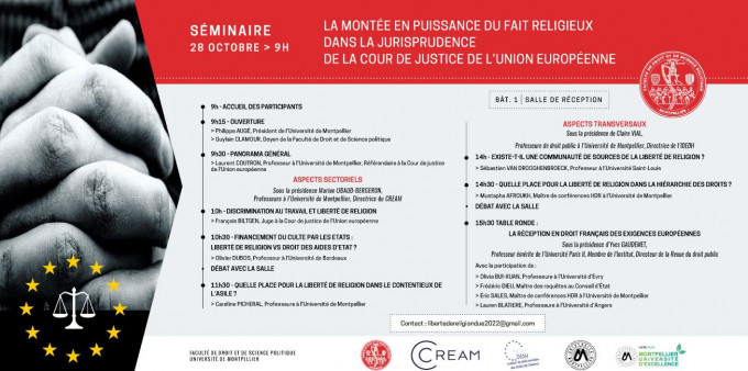 [Colloque] 28/10 | La montée en puissance du fait religieux dans la jurisprudence de la Cour de justice de l'Union européenne.  <a href="/umontpellier/">Université de Montpellier</a> <a href="/Faculte_DSP_UM/">Faculté Droit et Science politique de Montpellier</a> <a href="/CREAM_UMontpell/">CREAM</a> <a href="/IdedhH/">IDEDH</a> univ-droit.fr/actualites-de-…