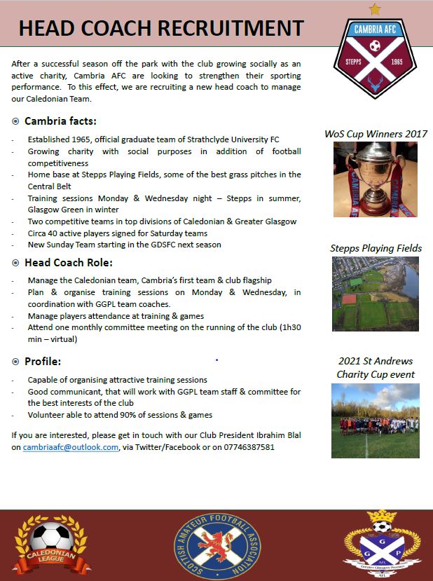 We are looking for an ambitious head coach to lead our 
<a href="/CaledonianAFA/">CaledonianLeague</a> side next season. A great opportunity to join a well run club with excellent playing facilities. More details below. DM us if interested. 🇱🇻 
<a href="/GGPAFL/">Greater Glasgow Premier AFL</a>  
@SAF_Friendlies 
<a href="/ScotAmFA/">Scottish Amateur FA</a> 
<a href="/ScotAmFASelect/">Scottish Amateur FA National Select</a>