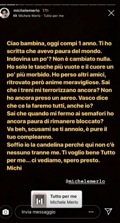 flytotheclouds_'s tweet photo. Non smetterò mai di ringraziarti per averci dato modo di conoscerti attraverso le tue canzoni. La tua arte sarà sempre con noi e ti prometto che ne avremo cura. Oggi "Tutto per me" compie quattro anni. Noi accenderemo la candelina, tu soffia forte forte. 
🤍
#michelemerlo https://t.co/a1pWqTItap