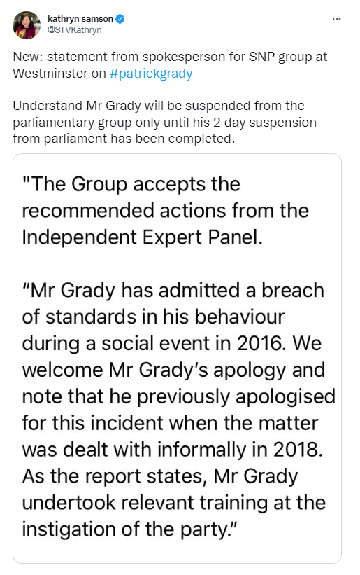 AgentP22's tweet photo. Confirmation that Patrick Groper Grady is not being disciplined by the SNP, apart from serving a 2 day Westminster suspension.
Incredible. https://t.co/XtysmnoHkS