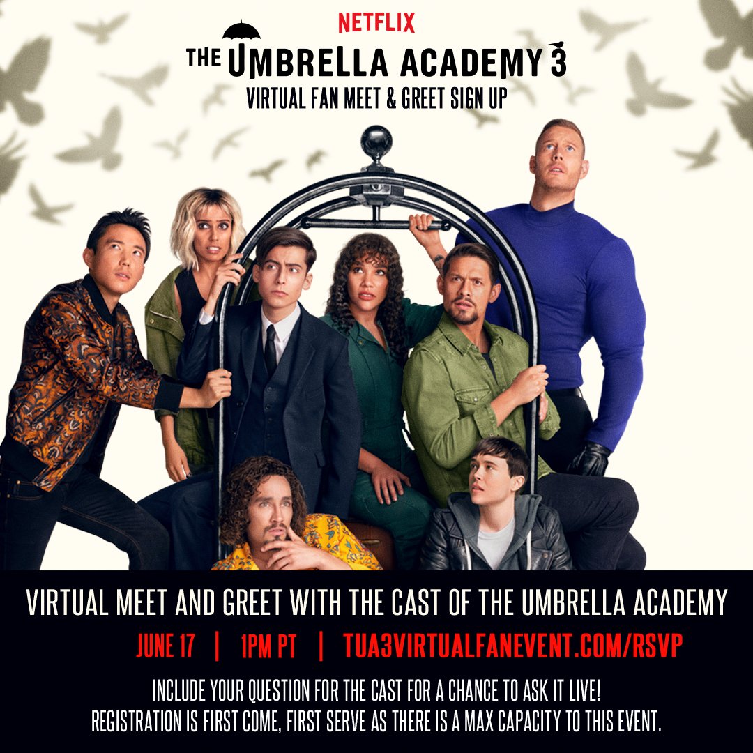 UmbrellaAcad's tweet photo. ☂️ BRELLIES, ASSEMBLE ☂️ We are hosting a virtual fan meet and greet and would LOVE to see you there. Click the link to save your spot. https://t.co/2DWj3GWJon https://t.co/XKhOKD99F6