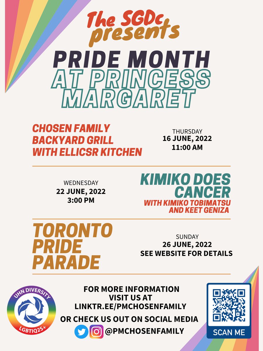 Excited about our #ChosenFamily #BackyardGrill? We've got more #Pride events coming! Check out our virtual event with author, <a href="/kimikotobimatsu/">Kimiko Does Cancer</a>, &amp; illustrator, <a href="/makeshiftlove/">keet.lol</a>, of Kimiko Does Cancer on June 22nd &amp; see us in the #PrideParade on June 26th! <a href="/PrideToronto/">Pride Toronto</a> #Pride2022🏳️‍🌈