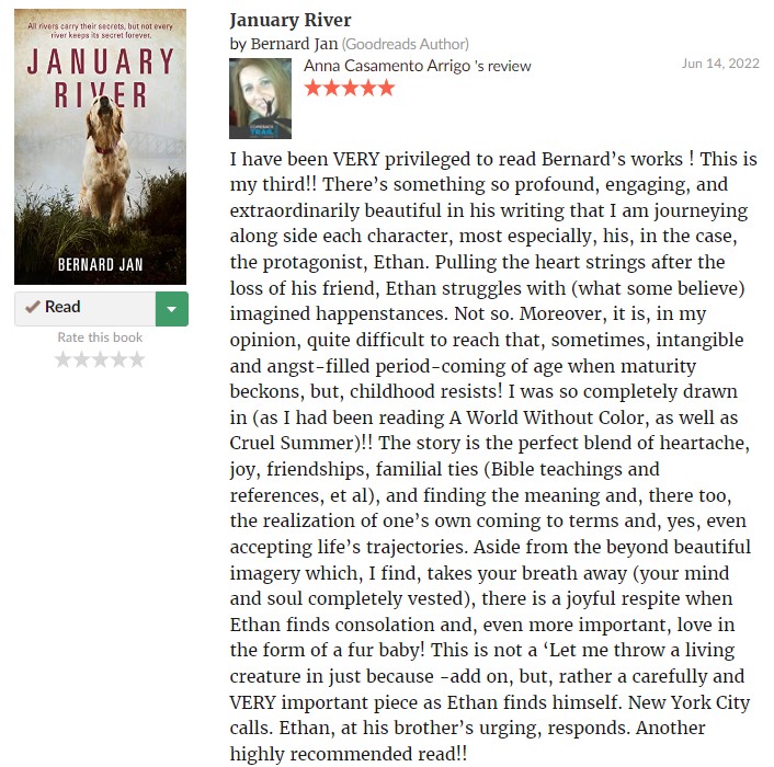 BernardJanWorld's tweet photo. ⭐⭐⭐⭐⭐ Goodreads #review for my #novel #JanuaryRiver 🐶🏞
Please read the whole review 👉 https://t.co/3Xex4rcD4a
Thank you for loving it, Anna! 💚 @CasamentoArrigo
You can get #eBook & #paperback on Amazon 👉 https://t.co/5Dcn6ynFVu
#indieauthors #IARTG #bookreviews #RT https://t.co/JymV4L6b6w