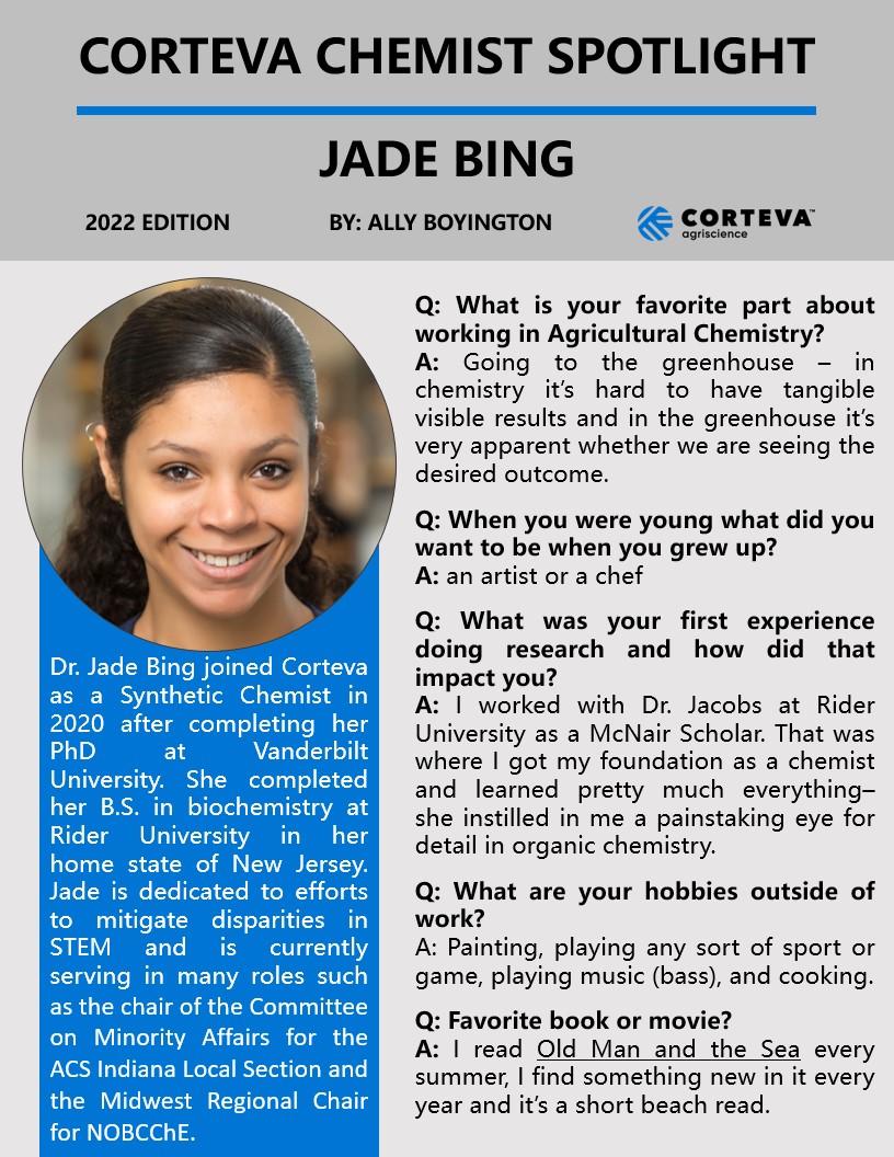 Our #CortevaChemistry highlight today features my friend and colleague Dr. Jade Bing! In addition to being a Discovery Chemist, Jade is super involved in <a href="/ACSINLocal/">ACS Indiana Local Section</a> and <a href="/NOBCChE/">NOBCChE Official</a> and also has an interesting annual beach read - check it out!