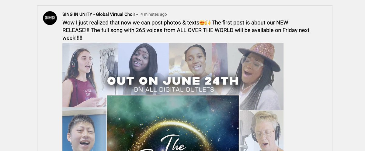 singinunity's tweet photo. I just saw a "community" tab on our YouTube channel🙌 Now we can make posts on YouTube as well😆✨ We are growing🔥
https://t.co/L6cqiAXzj0
#singinunity
#globalvirtualchoir
#virtualchoir
#gospelchoir
#internationalchoir
#dulaneylandmusic https://t.co/knpQMRo6Oi