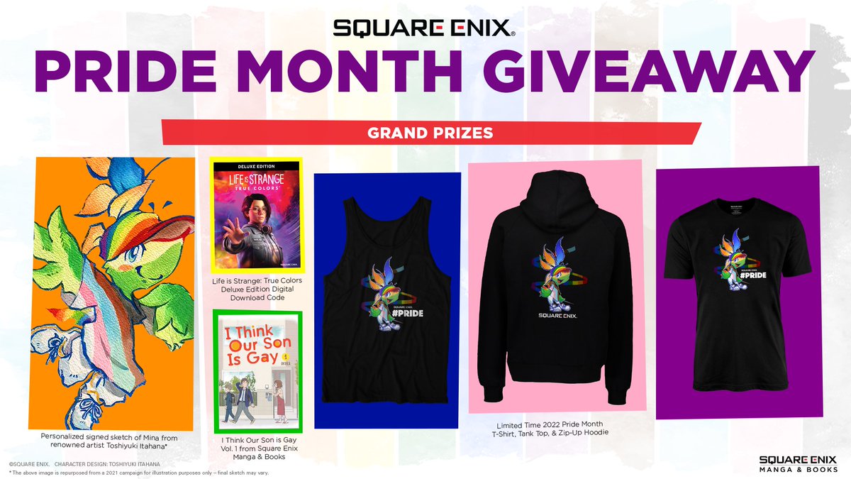 SquareEnix's tweet photo. #Pride2022 celebration continues with Square Enix with a giveaway! 🏳️‍🌈 Have a chance to win a ton of great prizes including a Personalized Signed Sketch from renowned artist Toshiyuki Itahana.

For full terms and conditions, please see the official rules at https://t.co/b98p5DoX43 https://t.co/kuWQZojwLI