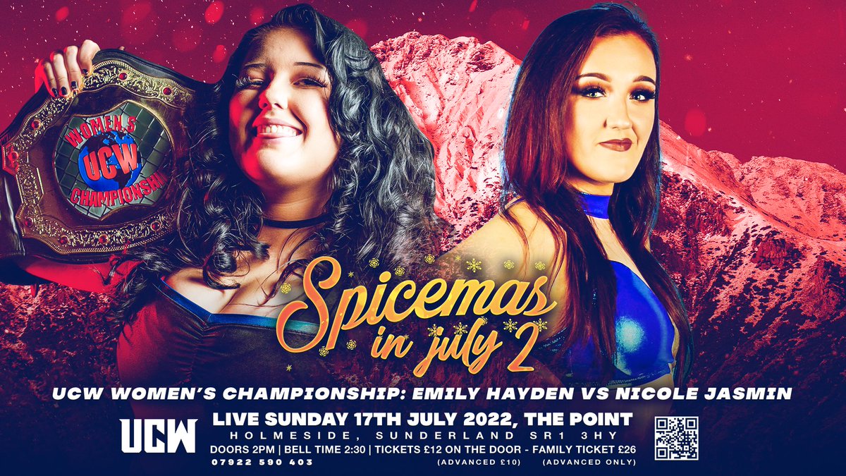 UCWSunderland15's tweet photo. 2nd match for #SpicemasInJuly2 will be for the UCW Womens Championship!
@EmilyHayden_WB goes up against the debuting @nicolejasmin1_ 
Can #EmilyTwoBelts reign continue? Or can Nicole make it a winning debut? Join us July 17th! 
Design: @BearhugDSGN 
#YeaaaBoiiiInvitational2 https://t.co/sFPUsMl40Q