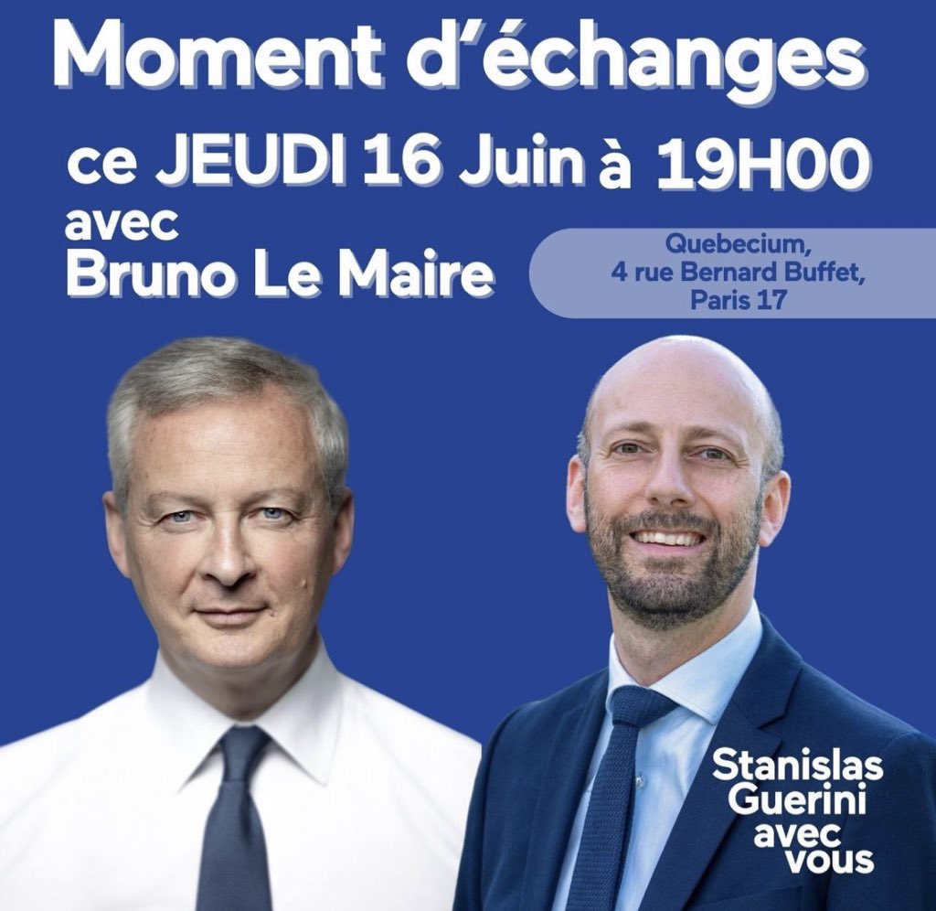 .<a href="/BrunoLeMaire/">Bruno Le Maire</a> était à Palaiseau ce soir pour soutenir <a href="/AdeMontchalin/">Amélie de Montchalin</a>. Il sera mercredi 15/06 dans l’Eure avec <a href="/severine_gipson/">Séverine Gipson</a> ; jeudi 16/06 en Vendée avec <a href="/LeguilleBalloy/">Martine Leguille-Balloy</a> et à Paris avec <a href="/StanGuerini/">Stanislas Guerini</a>. 
Dimanche, pour nous, pour le pays, donnons une majorité à <a href="/EmmanuelMacron/">Emmanuel Macron</a> !