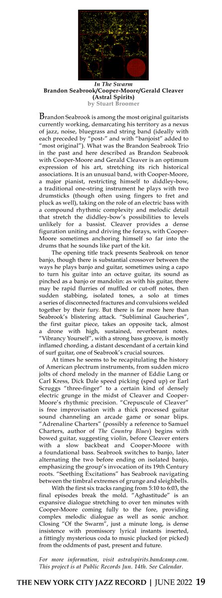 NYC Jazz Record (@nycjazzrecord) on Twitter photo Check out the review of the new <a href="/throngoftremolo/">brandon seabrook</a> Cooper-Moore <a href="/a_good_question/">Gerald Cleaver</a> album on <a href="/astspiritsrec/">Astral Spirits</a> from our June 2022 issue and see them tonight at <a href="/233butler/">public records</a> Check out the review of the new <a href="/throngoftremolo/">brandon seabrook</a> Cooper-Moore <a href="/a_good_question/">Gerald Cleaver</a> album on <a href="/astspiritsrec/">Astral Spirits</a> from our June 2022 issue and see them tonight at <a href="/233butler/">public records</a>