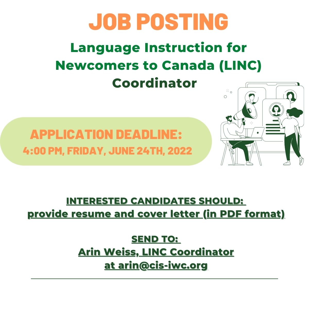 CISiwc's tweet image. We are hiring LINC Coordinator!

Application deadline: 4:00 pm, Friday, June 24, 2022.

Please check out the link below for more details:
cowichanintercultural.org/careers/