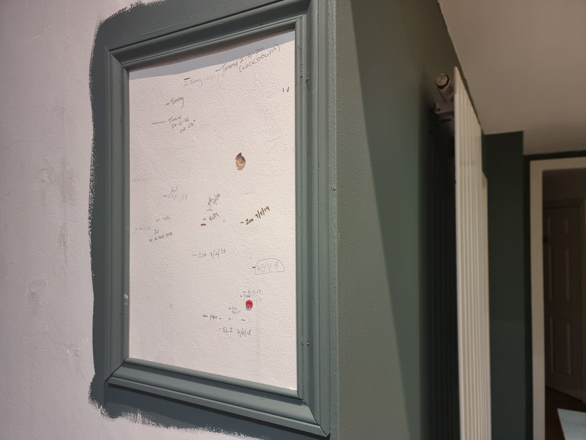 Couldn't bring myself to paint over the kids height chart, so with a bit of architrave which I found in the garage I've framed it. 
#WINWIN 
The raw plug and the flaked plaster is part of the charm.