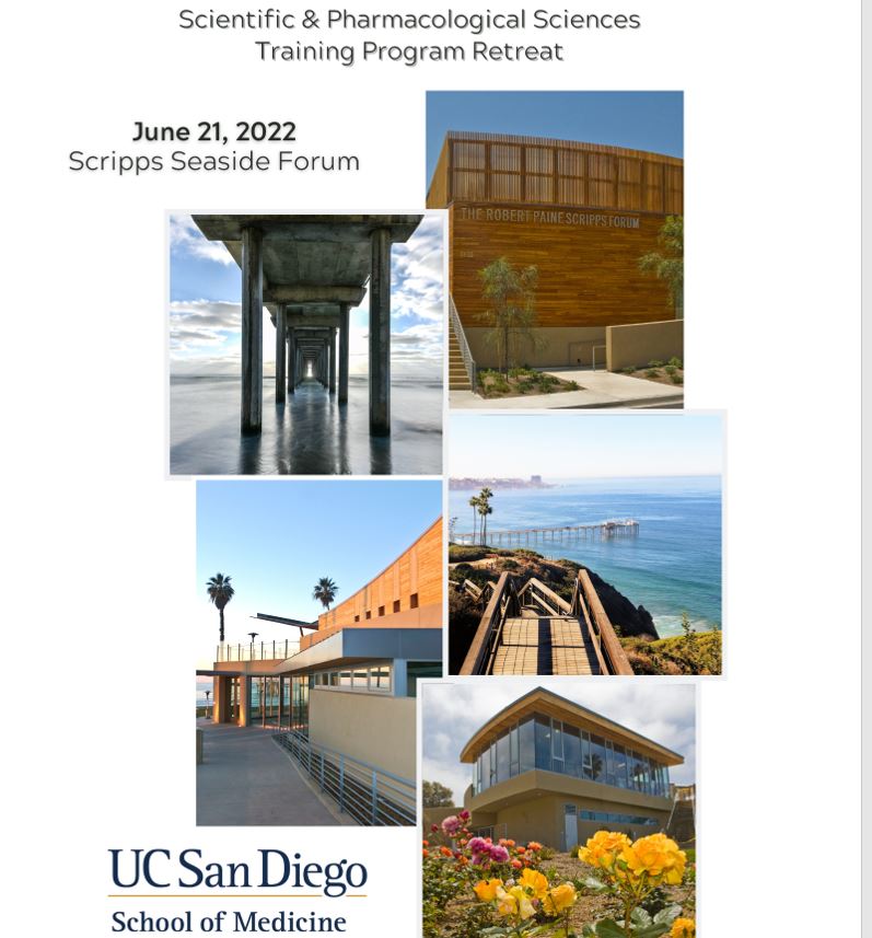 UCSDPharm's tweet photo. Our Department of Pharmacology is looking forward to the first in-person scientific and pharmacological sciences training program retreat since 2019! Please join us on June 21, 2022 at the Scripps Seaside Forum! @SilvioGutkind  @UCSDBMS @jinzhanglab @NewtonLab @joann_trejo https://t.co/CRjlFvtjE9