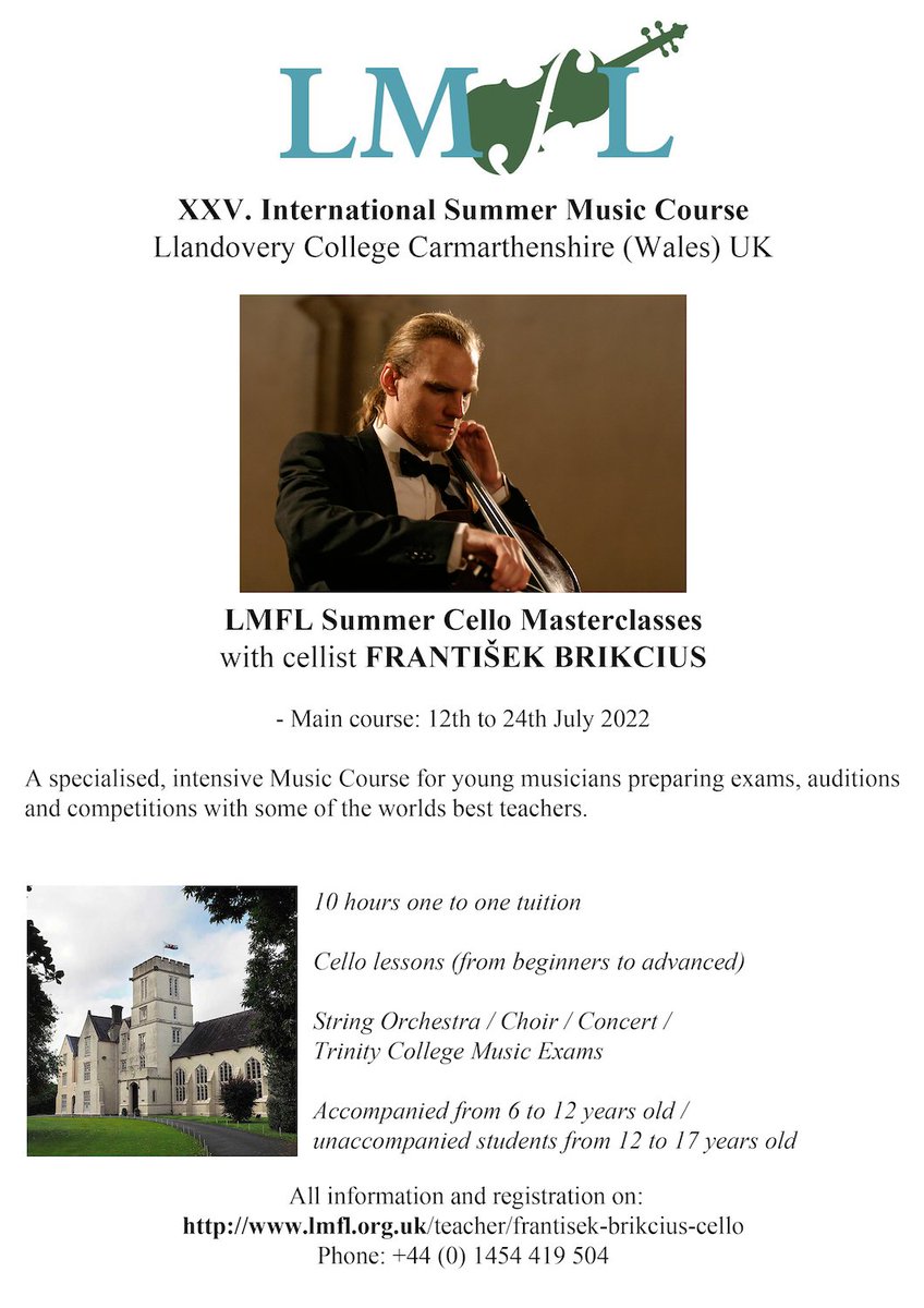 Brikcius's tweet photo. LMFL Summer 🌞 #Cello Masterclasses with #Cellist FRANTIŠEK @BRIKCIUS in #Llandovery #Wales 🏴󠁧󠁢󠁷󠁬󠁳󠁿

XXV. International #Summer Music Course
(12th to 24th July 2022)

https://t.co/NIe3pqVpz0 👈 #BookNow

#LMFL #CelloCourse #CelloAcademy #CelloSummer #CelloLesson #CelloStudent https://t.co/gzfKybdmbR