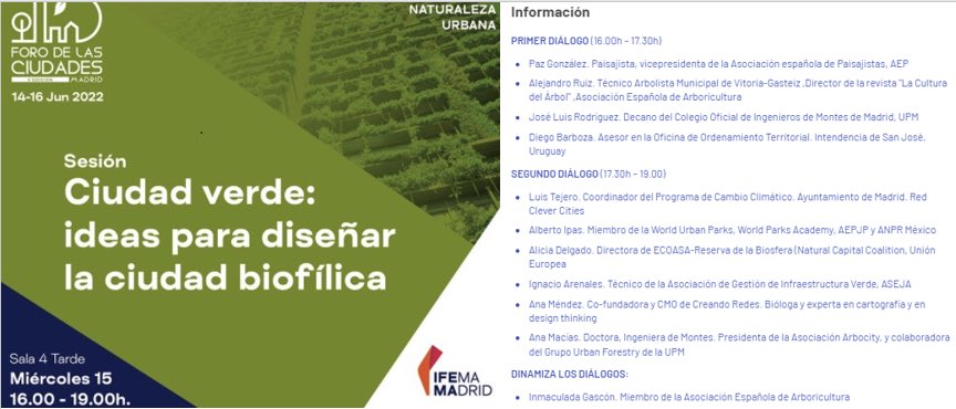 Inmagascon_'s tweet photo. 📍Mañana os espero en el #ForoCiudadesMad22
Hablaremos sobre #CiudadVerde #CiudadBiofílica y #NaturalezaUrbana,  Un placer moderar mesa con @AnaMaciasPalomo, @Annie_17488, Luis Tejero, Alberto Ipas, Alícia Delgado e Ignacio Arenales en el 2o diálogo
@forociudadesmad @IFEMA https://t.co/pjIqsSgOri
