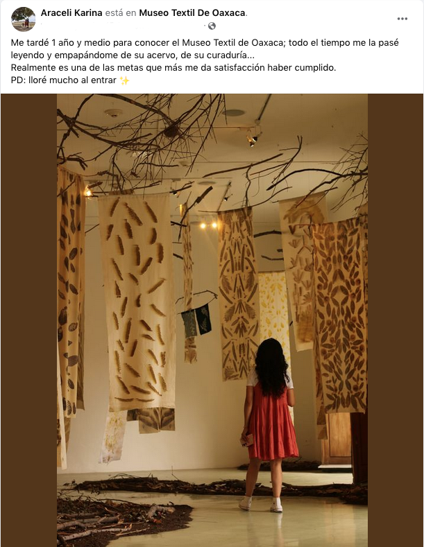 MUSEO_TEXTIL's tweet photo. [#CreadorasMW] ¿Qué sentidos despierta entrar un museo?, ¿qué emociones provoca conocerlo? Araceli Karina visitó el #MTO y nos comparte su sentir. #MuseumWeek2022  #MisCreaciones #MiArte #MisFotos https://t.co/Fd4IHKPNc3