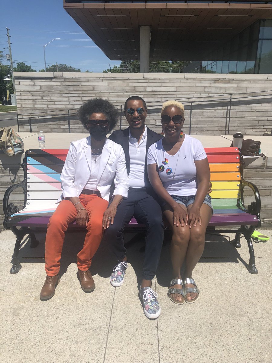 Jumol's tweet photo. Attending today’s rainbow crosswalk and bench unveiling in the @City_of_Vaughan with my sister and my mom, who sometimes still struggles to come to terms with my sexuality, is a testament to just how far we’ve come on our journey together. And that makes my heart happy. 💗🌈 
￼ https://t.co/gsAiB0cbAQ