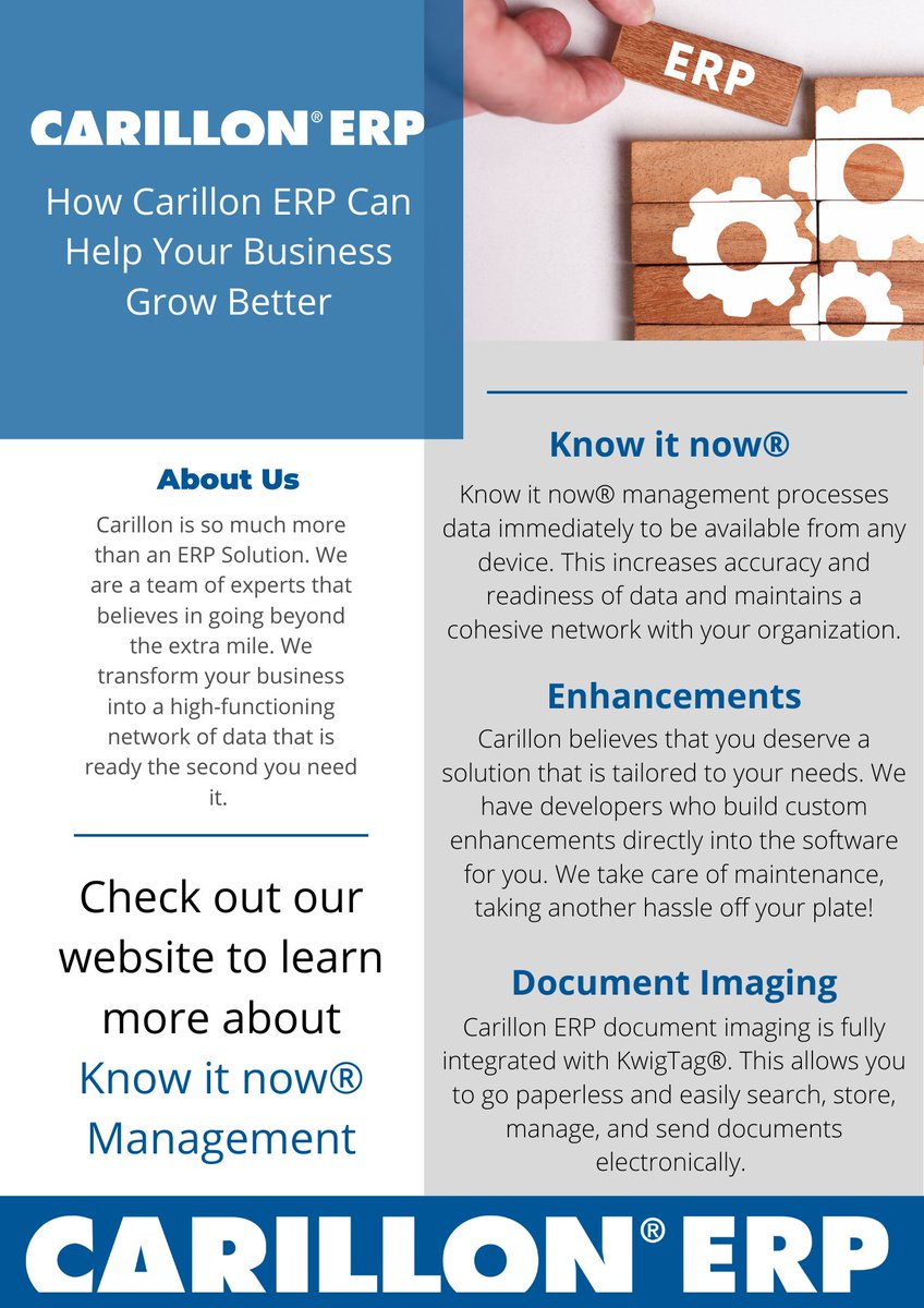 CarillonERP's tweet photo. Carillon ERP gives you a robust and easy-to-use package that includes a wide variety of functionality including: Know it now® Management, Custom Enhancements, Document Imaging, and much more!

Visit our website at: https://t.co/MbjWU5f7U2 https://t.co/5foUPtpyXJ