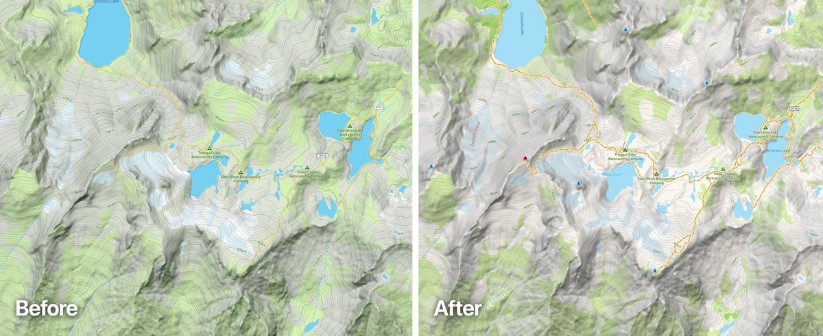 peakery's tweet photo. Some before/after shots of overhauled Terrain map layer on peakery. More prominent trails, clearer vegetation zones, and bathymetric data for oceans. Check it out at https://t.co/2j7Lr6rWPw https://t.co/osk7XRNghT