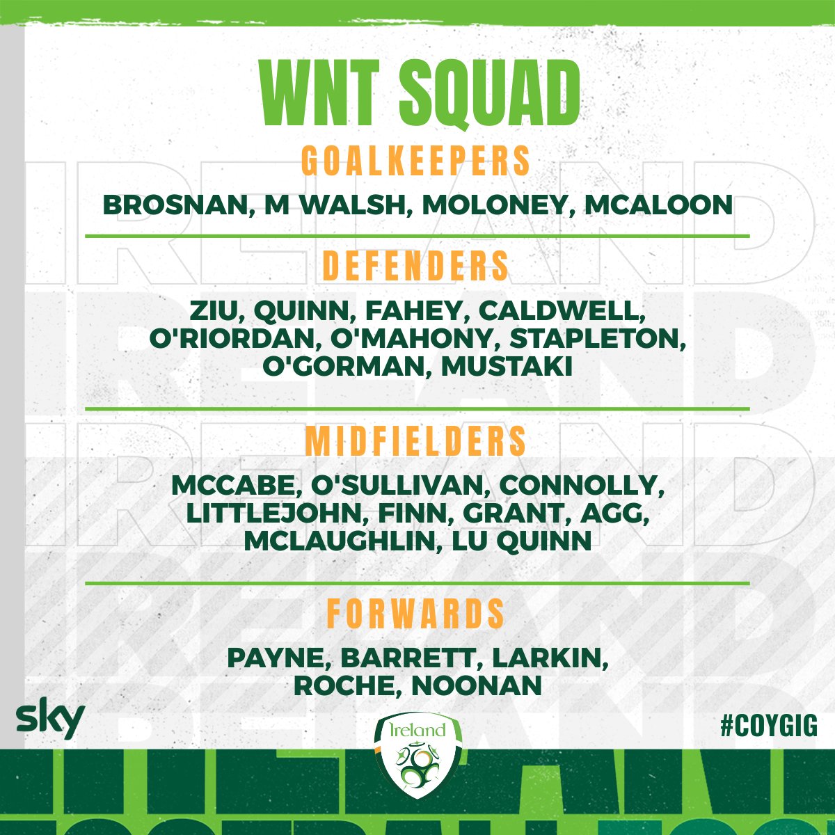 IrelandFootball's tweet image. 𝐖𝐍𝐓 𝐒𝐐𝐔𝐀𝐃

🟢 @naoishamcaloon included for first time

🟢 @DianeCaldwell7 &amp;amp; @StephanieRoche9 return

🟢 Friendly | 🇵🇭 v 🇮🇪 (June 19, LIVE on FAI TV)

🟢 FIFA WWC Qualifier | 🇬🇪 v 🇮🇪 (June 27, LIVE on RTÉ2)

#GEOIRL | #COYGIG | #WeAreOne