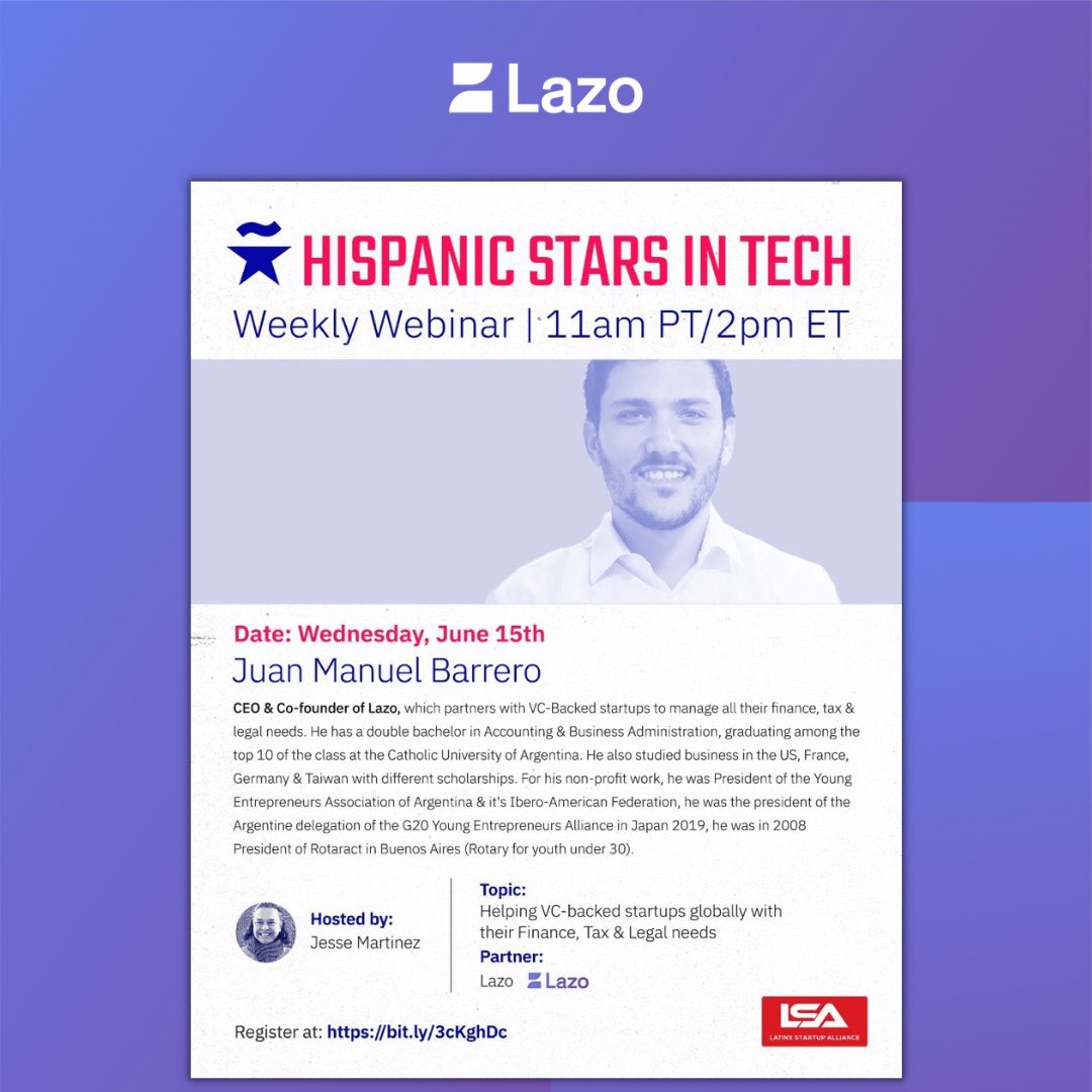 joinlazo's tweet photo. ⭕️ #WEBINAR: Helping VC-backed startups globally with their Finance, Tax &amp; Legal needs.

By: @JuanMBarrero 
For:@TheHispanicStar #HispanicStarsInTech 

👉🏻Register here: https://t.co/3e0xKFj3gS https://t.co/IVDfrzq2XQ