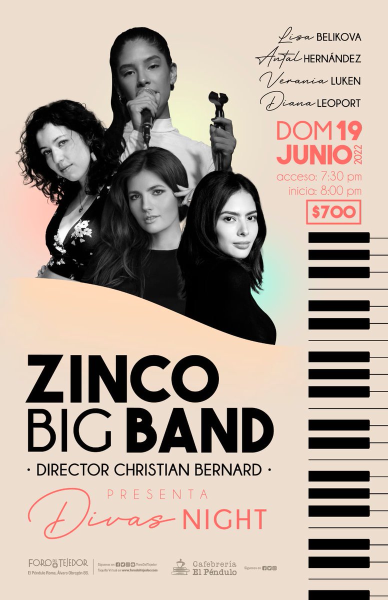 Nos vemos este Domingo 19 Junio en el <a href="/ForodelTejedor/">Foro del Tejedor</a> !!! 
DIVAS NIGHT con la Zinco Big Band.

Compra tus boletos en el siguiente Link: 
forodeltejedor.com/evento/butacas…