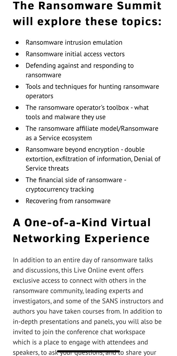 فرصة مميزة للمهتمين👌🏼

ينطلق يوم الخميس مؤتمر SANS الخاص بفيروسات الفدية (Ransomware Summit) وطرق انتشارها والتعامل معها، أدوات كشفها، تأثيراتها المالية، والكثير..

🕔 ٤ مساء
🗓 ١٦ يوليو
⌛️يوم واحد

للتسجيل مجانا
👇🏼
sans.org/cyber-security…
.
.
#Ransomware 
#الامن_السيبراني
#SANS