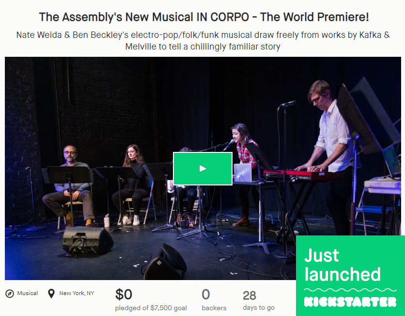 assemblytheater's tweet photo. Our @Kickstarter has launched for the premiere of our new musical IN CORPO! Check out our campaign video and the sweet backer perks—anyone who donates ANY AMOUNT within the first 48 hours will get a demo of a cut song from the musical.
https://t.co/UCsaTeuxTB https://t.co/VLq5hO7N81