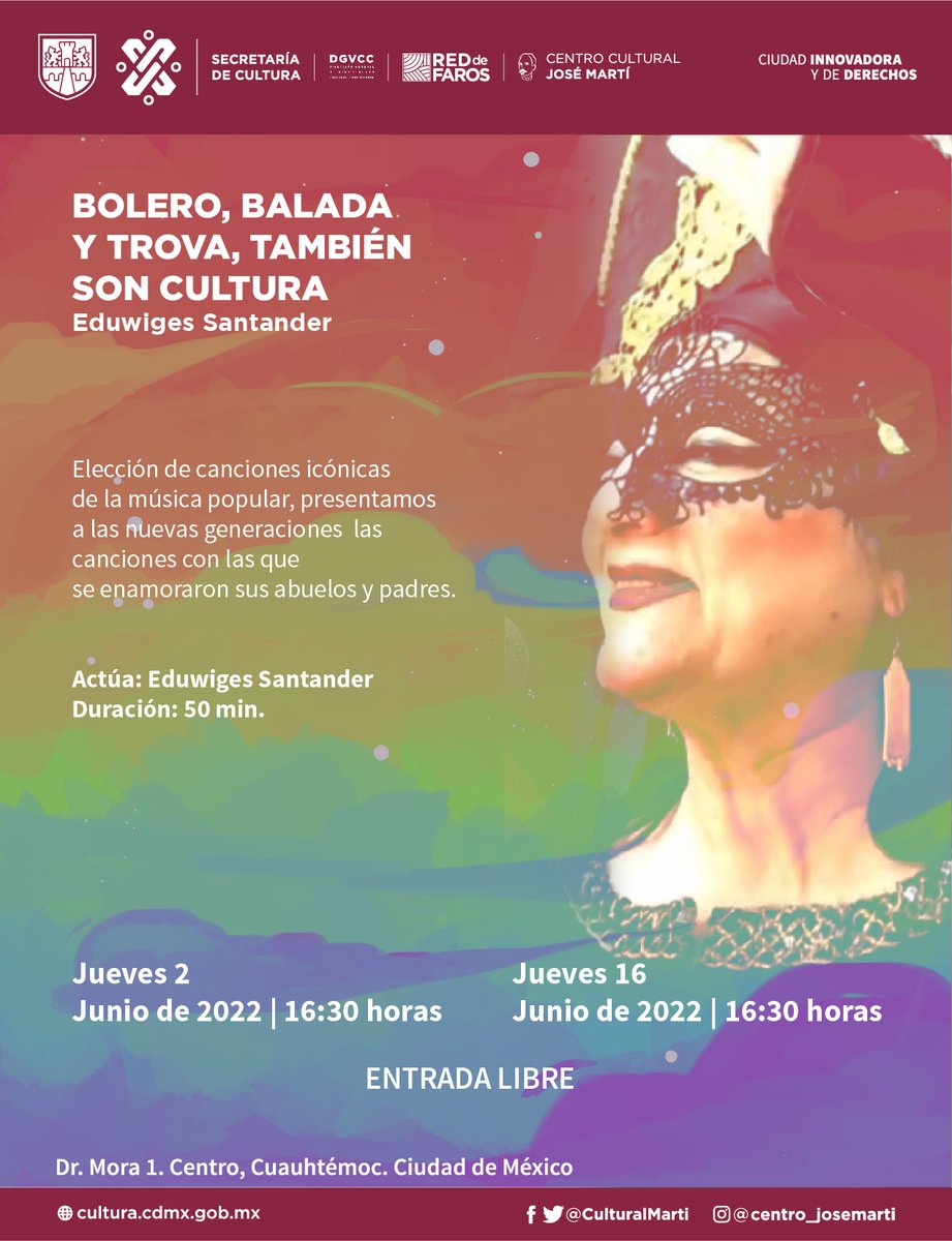 CulturaCiudadMx's tweet photo. ¿Quieres conocer las canciones con las que se enamoraron tus papás y abuelos?

'Bolero, balada y trova, también son cultura', un musical de Eduwiges Santander, te las presenta.

¡Prepárate para cantar! 🎤

📆 16 de junio, 16:30 horas
🎶 @CulturalMarti https://t.co/xPLRFUAG4E
