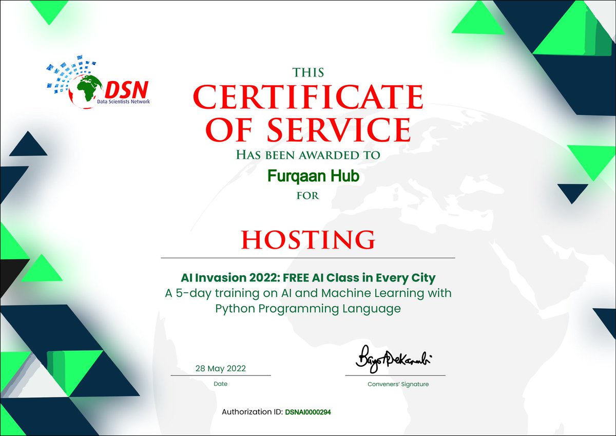 mbkado's tweet photo. I'm glad to share that I have successfully hosted π¨π° π°πππππππ: ππΉπ¬π¬ π¨π° πͺππππ ππ π¬ππππ πͺπππ @furqaan_hub and received these certificates of service from @dsn_ai_network
#FreeAiClass
#Ai
#ArtificialIntelligence
#Datascience
#DSN
#machinelearnine https://t.co/yme1vWeqYe