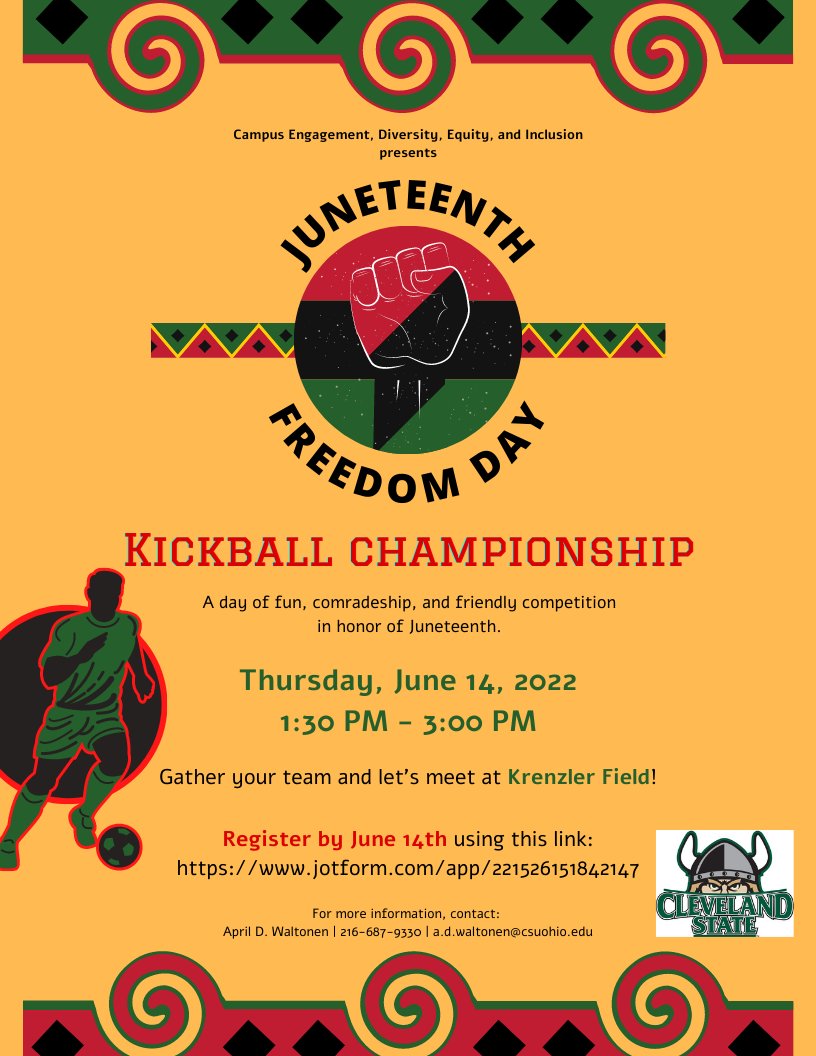 Gather your team this Thursday on Krenzler Field! Today is the last day to register. Use this link: jotform.com/app/2215261518…

#fosteringhope #clevelandstateuniversity #clevelandstate #CLEstate #engagedlearning 
#juneteenth 
#juneteenthcelebration