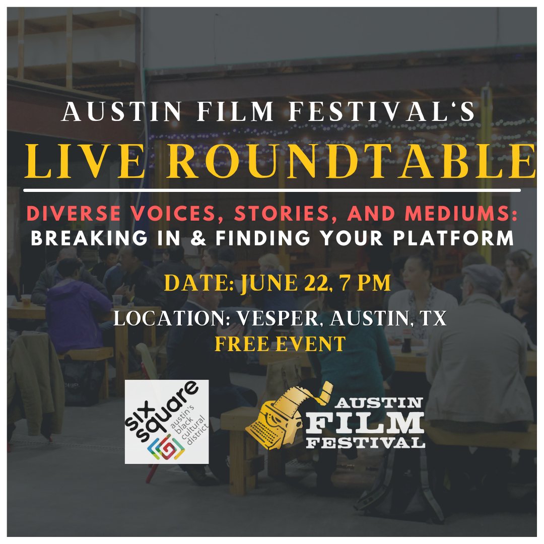 austinfilmfest's tweet photo. Join us for our first event of the #SummerSixSquareSeries for an #AFFRoundtable on June 22: this will be an up-close and in-depth discussion of diverse voices, stories, and strategies with local BIPOC industry leaders. Learn more: https://t.co/toir92gSoB https://t.co/y0zbvYI19c