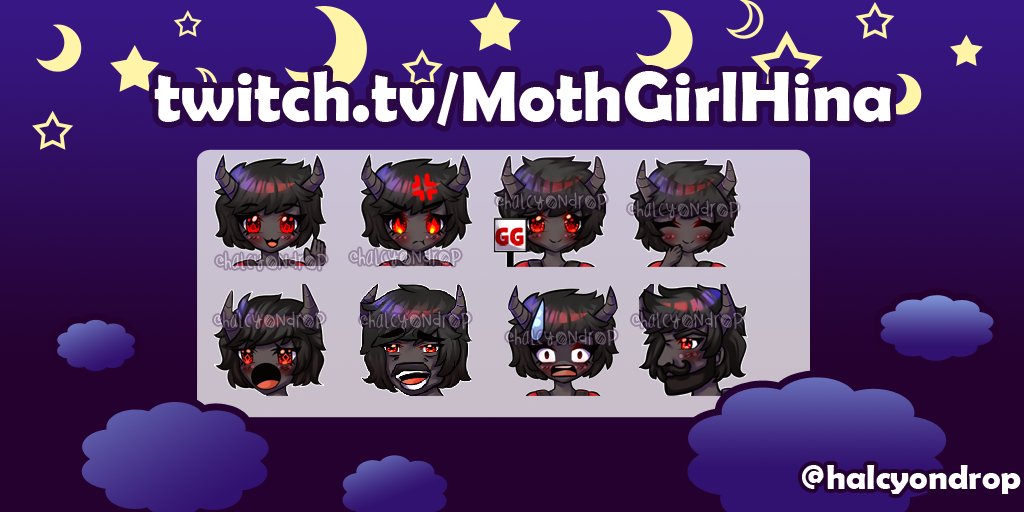 halcyondrop's tweet photo. Huge emote batch for the lovely @MothGirlHina! I had SO much fun making these and it was an honor to draw your character again! 
#twitchemoteartist #emoteartist #emotes https://t.co/bYlYMxEF8p