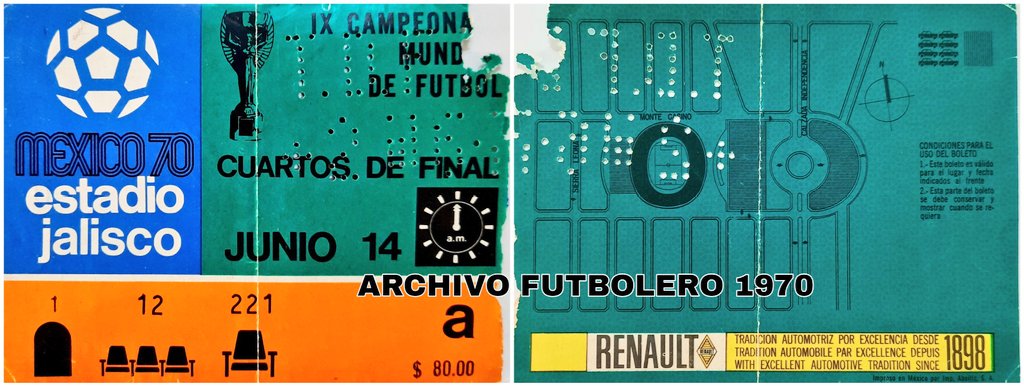 Boleto para ingresar al Estadio Jalisco para ver el partido 🇧🇷 vs 🇵🇪 cuartos de final del Mundial 1970 el domingo 14 de junio de 1970. El resultado fue 4-2 favorable a los brasileños.