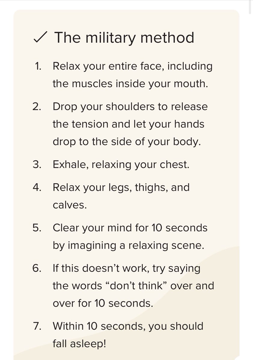 I find this method really useful for ensuring my whole body & muscles in my face and head are relaxed before trying to fall asleep. It doesn’t get me to sleep as quick as it states. It’s a good place to start though 💜

#sleepanxiety  #insomniac #themilitarymethod #sleepingtips