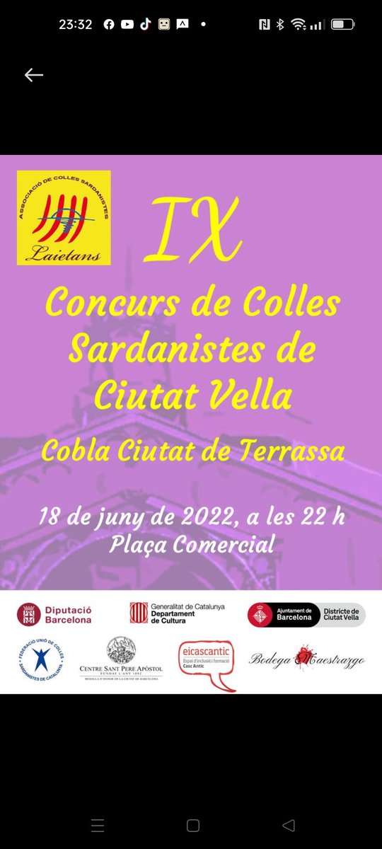 acslaietans's tweet photo. Tot arriba! I aquest 18 de juny a les 22 h, celebrem el IX Concurs de Colles Sardanistes de Ciutat Vella. Us hi esperem! 
@grup_maig @CollaVioletes @GrupXaloc @CollaSabadell https://t.co/Ify84g3iu2