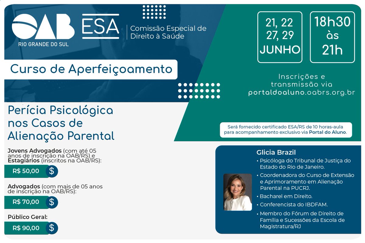 Dando continuidade à formação no tema Alienação Parental, a ESA/RS promove o Curso de Aperfeiçoamento: Perícia Psicológica nos Casos de Alienação Parental, com a psicóloga do TJRJ e bacharel em Direito, Glicia Brazil. Confira em: bit.ly/3b2GW2r