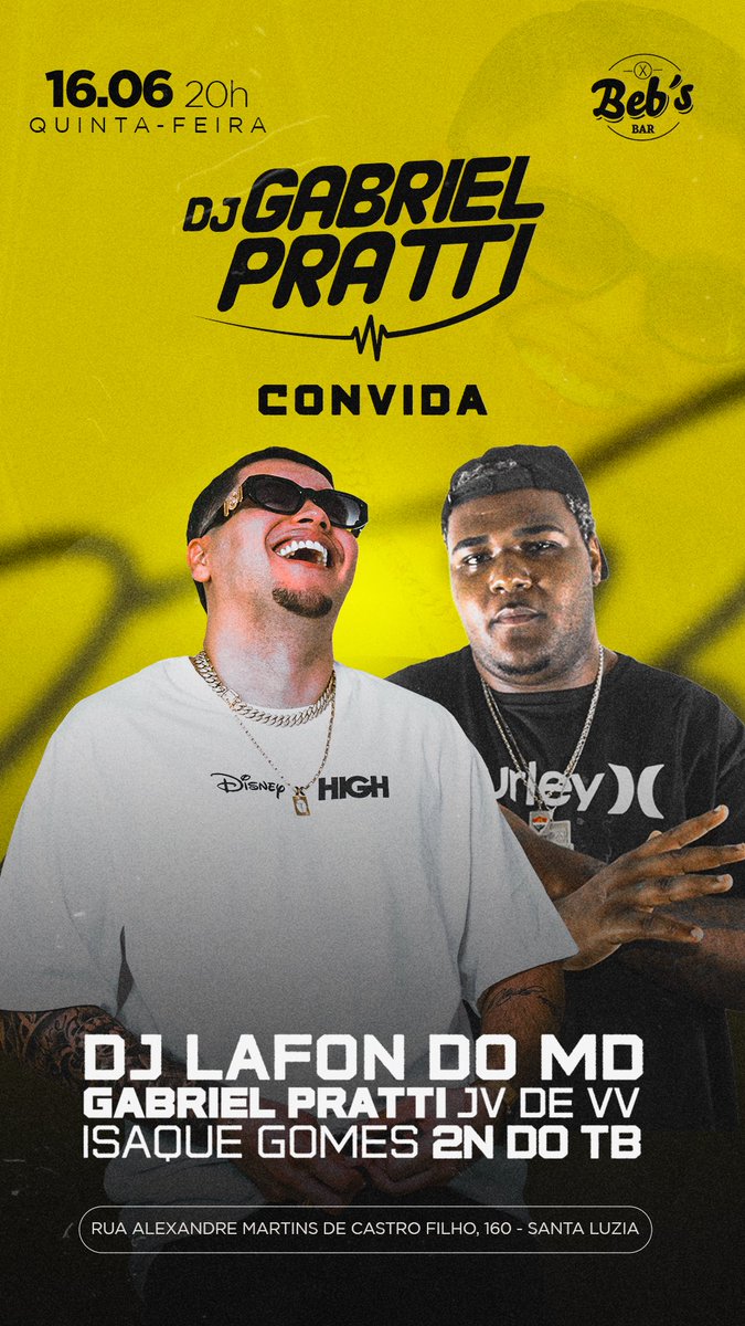 quinta-feira de FERIADO

GABRIEL PRATTI CONVIDA
DJ LAFON DO MD (djdoPOZEpitbull)

Beb’s VITÓRIA 
+
<a href="/jvdevv/">Dj Jv de Vila Velha</a> 
<a href="/DjIsaqueGomes/">Dj Isaque Gomes</a> 
@dj2ndotb