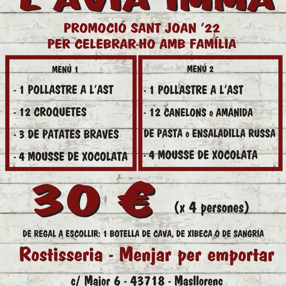 racoaviaimma's tweet photo. Que teniu pensat fer per Sant Joan? Celebrar-ho en família? I penseu cuinar? Quina mandra, no? Tenim la solució. Us proposem els menús de Sant Joan 2022.  El día 23 tindrem horari especial. A la tarda de 17h a 20h. Ja no hi ha excuses.
#racoaviaimma
#pollosalastpenedes
@repoblem https://t.co/6zlvFTVfXF